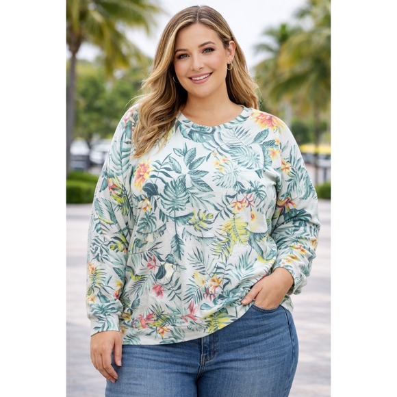 The Sweatshirt Project Tops - The Sweatshirt Project Tropical Palm Floral Lace Up Back Top 1X NWT